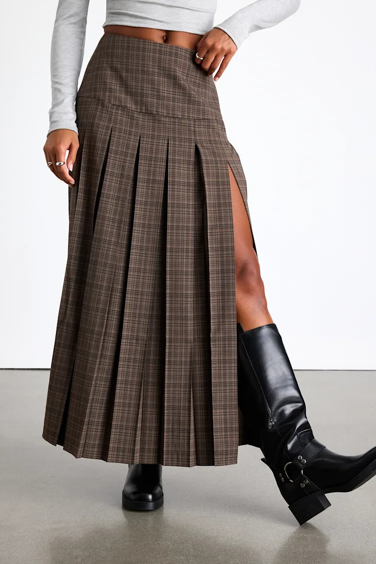 Vessa Brown Plaid High-Rise Pleated Maxi Skirt | Lulus