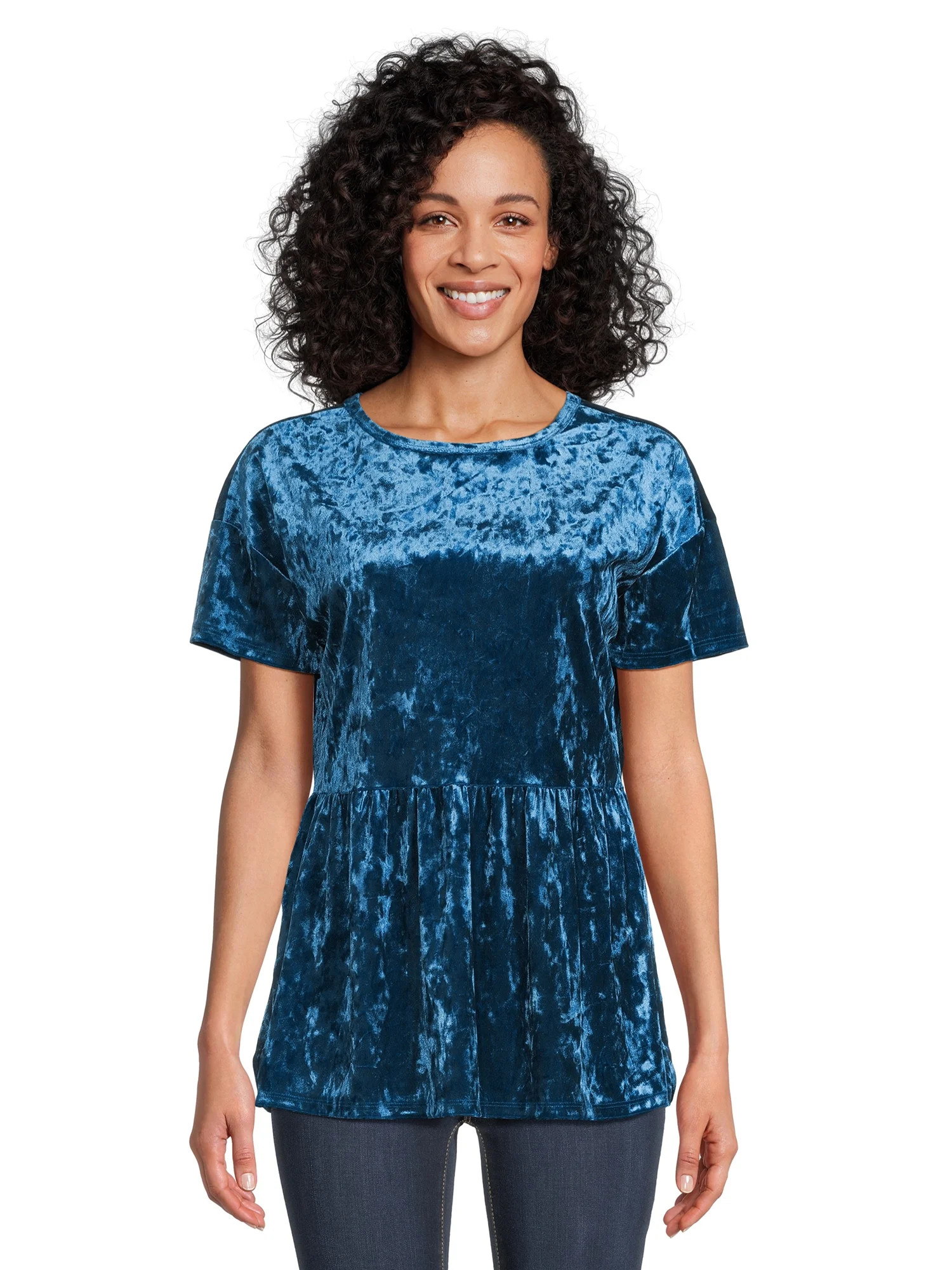Time and Tru Women's Crushed Velvet Peplum Top with Short Sleeves, Sizes XS-XXXL - Walmart.com | Walmart (US)