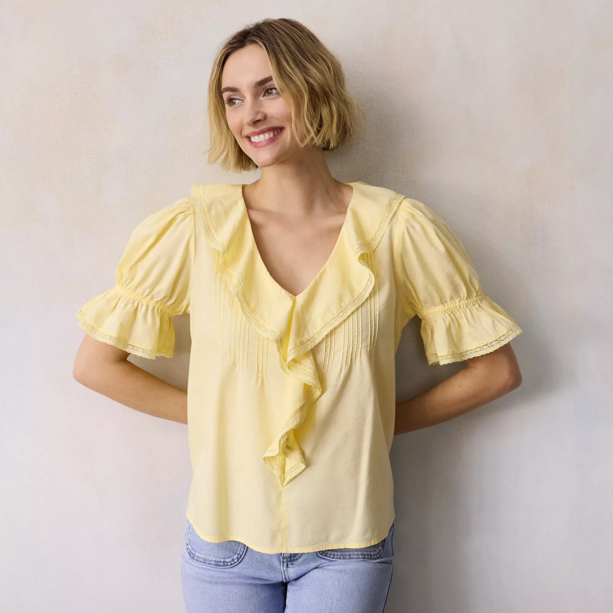 Petite LC Lauren Conrad Ruffle Front Blouse With Tucks | Kohl's