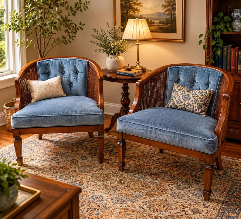 2x Vintage Lewittes Mid-century Blue Barrel Cane Tufted Chairs - Etsy | Etsy (Global)