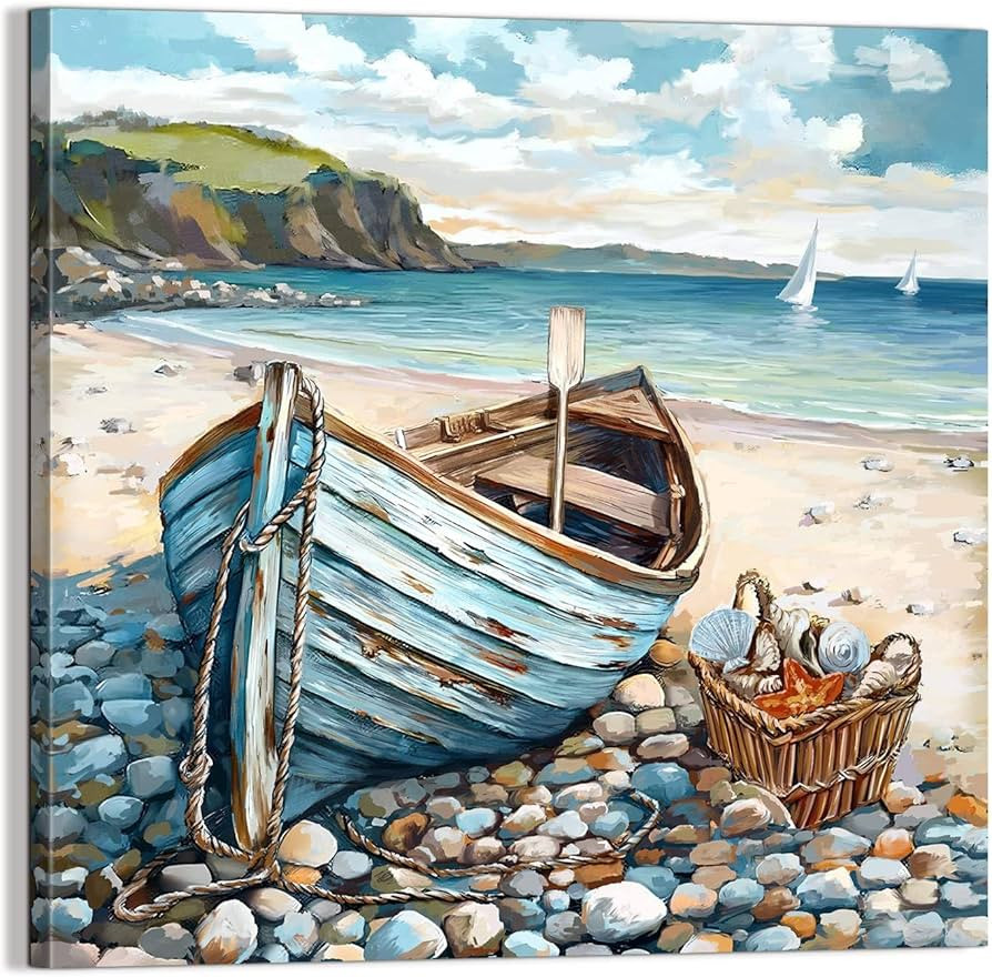 Bathroom Decor Beach Wall Art Ocean Theme Blue Picture Canvas Print Modern Coastal Artwork Framed... | Amazon (US)