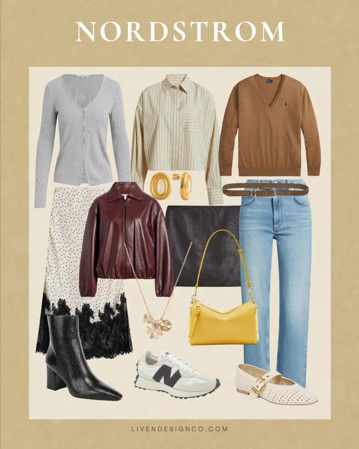 Nordstrom anniversary sale. Fall fashion. Wardrobe staples. Straight denim. Boots. Lace polka dot skirt. Yellow handbag. Marc Jacobs. Burgundy leather jacket. Booties. Heels. Button down. Sweater. Neutral style. Mini skirt. Suede. Madewell. Cardigan. New balance 

#LTKSeasonal #LTKSaleAlert