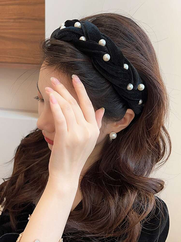 Faux Pearl Decor Braided Wide Headband Elegant,Hairband,Hair Hoop Headbands, Black Hair Accessories Head Accessories | SHEIN