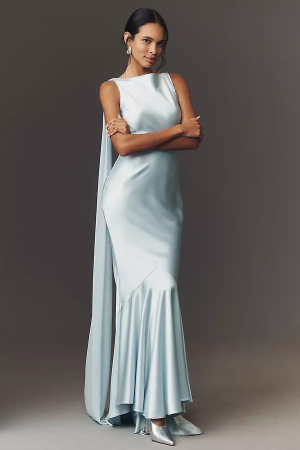 Retrofete Julia Boat-Neck Open-Back Cape Satin Maxi Dress | Anthropologie (US)