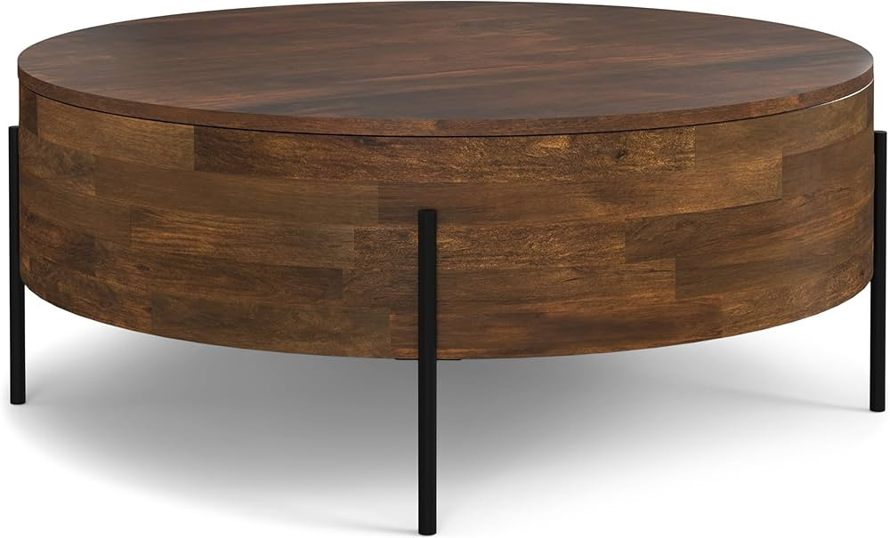 SIMPLIHOME Rayburn Solid Mango Wood 38 inch Wide Round Modern Urban Drum Coffee Table in Walnut B... | Amazon (US)