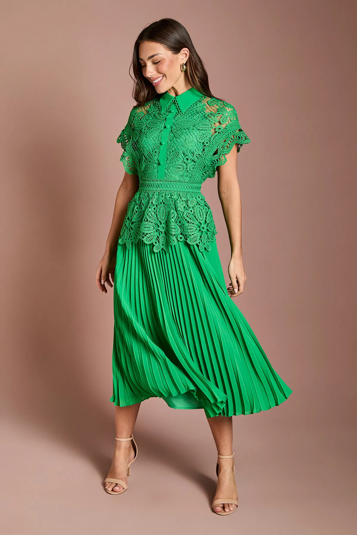 Green Coast Collared Lace Top Pleated Skirt Midi Dress | Coast | Coast UK & IE