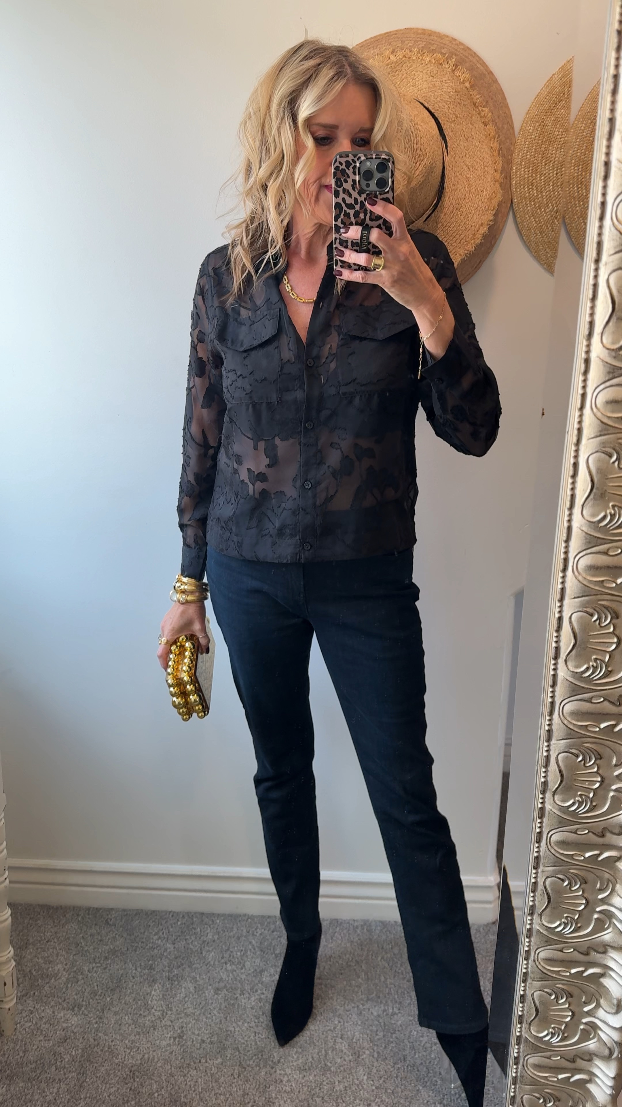  Black flocked rose print sheer button up shirt fits tts I am in a 0/sm

Girlfriend straight leg jean by Chico on sale fits tts and works on tall girls in size 0:4

black suede booties  Cecelia New York tts

 gold accessories 
Cult Gia bag 
A great alternative and more affordable 

Quilted koala clutch under $38
Save 20% off with code DARCY20

Julie vos jewelry 



#LTKOver40 #LTKStyleTip #LTKSaleAlert