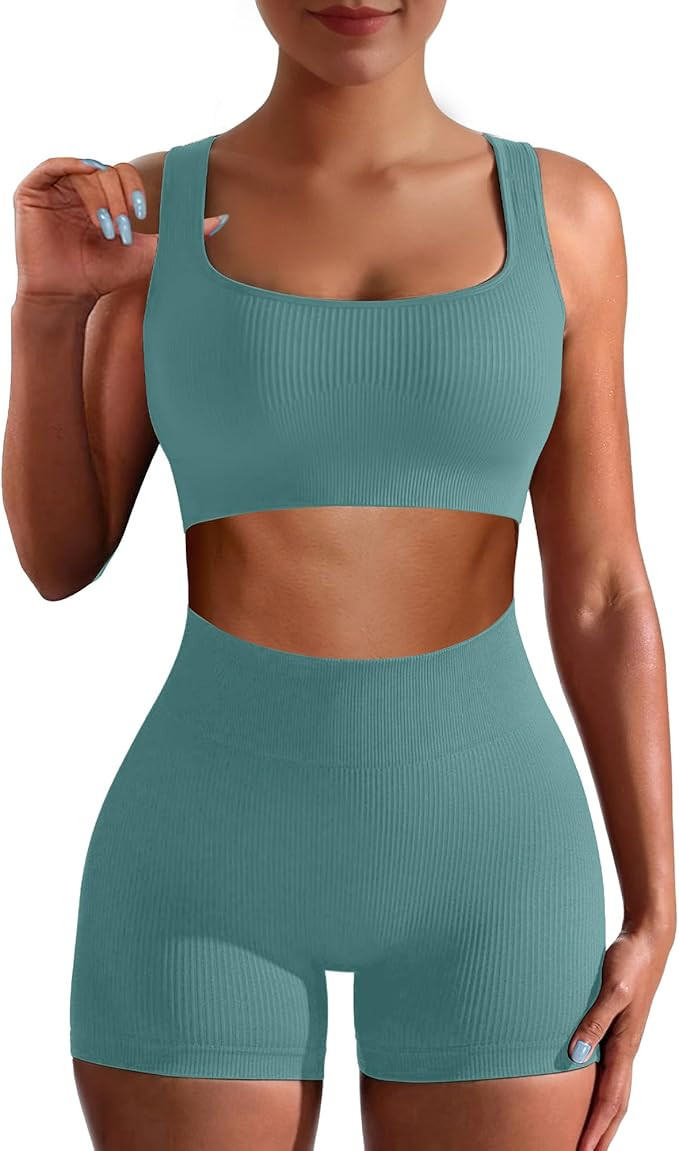 AURUZA Workout Sets for Women Two Piece Sets for Women Summer Seamless Ribbed High Waist Leggings... | Amazon (US)