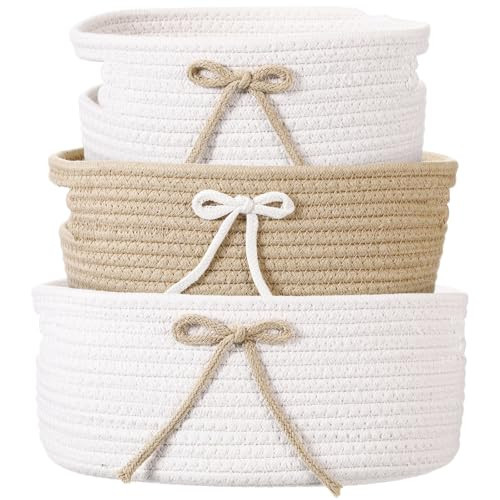 Breling 3 Pieces Coquette Bow Laundry Hamper Cotton Rope Storage Basket Bow Woven Gift Baskets Rope Bin with Handles for Decoration Organization Storage for Nursery, Pet Toy Basket(Khaki, White) | Amazon (US)