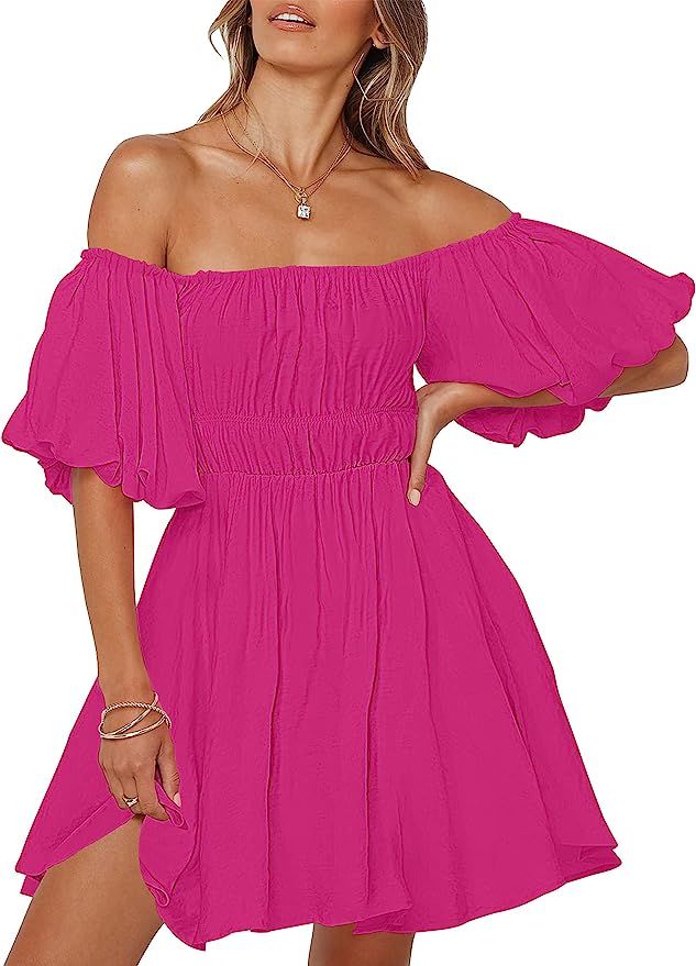 SYZRI Women's Summer Puff Sleeve Off Shoulder Mini Dress Ruffled A Line Flowy Swing Beach Dress | Amazon (US)