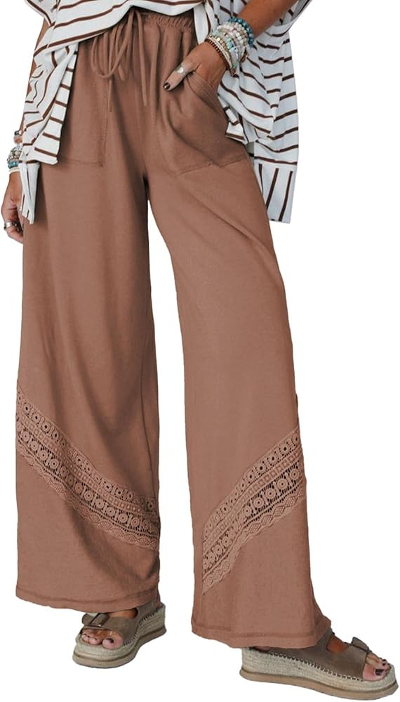 SHEWIN Womens Boho Wide Leg Pants Lace Casual Drawstring Elastic Waist Summer Spring 2026 Beach V... | Amazon (US)