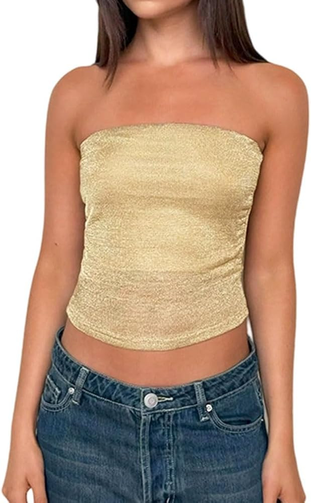 Women Sexy Sheer Mesh Strapless Metallic Crop Tube Tops Y2K Glitter Stretchy Going Out See Throug... | Amazon (US)
