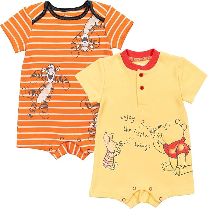 Disney Winnie the Pooh Mickey Mouse Tigger Baby 2 Pack Henley Rompers Newborn to Toddler | Amazon (US)