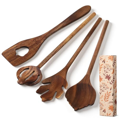 Maxdot 4 Pcs Autumn Themed Wooden Spoons Utensils Set 12 Inch Natural Acacia Wooden Spoons Fall Pumpkin Cooking Utensil Spatula Kitchen Cookware Gadget Kit Housewarming Gift Funny Autumn Party Supply | Amazon (US)