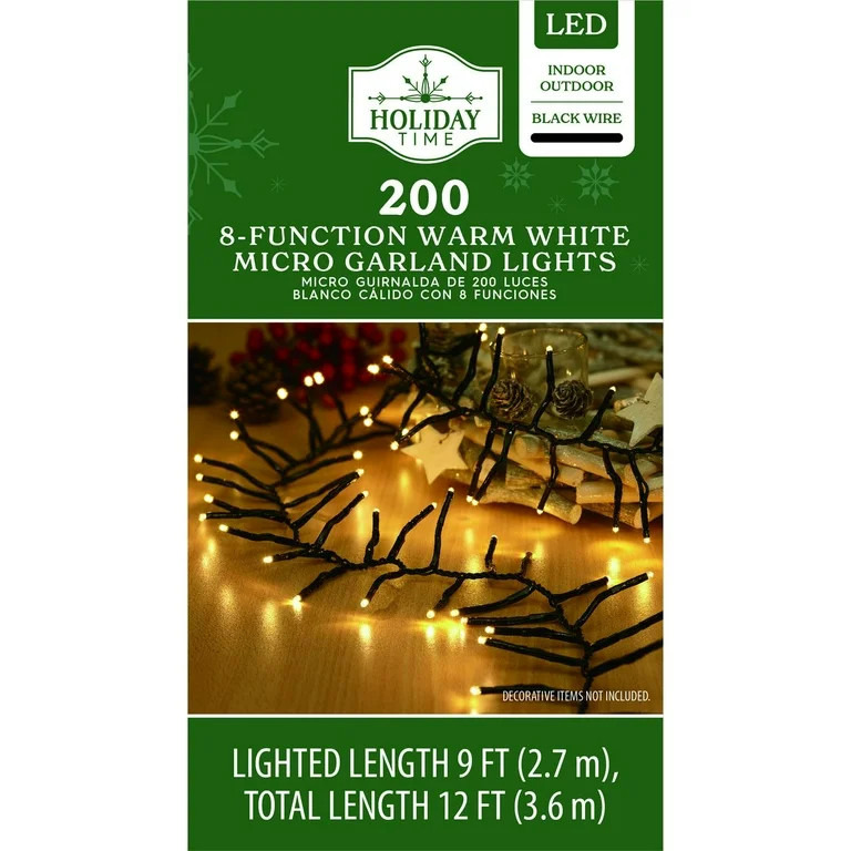 200-Count 8-Function Warm White LED Micro Garland Christmas Lights on Black Wire, 12', Holiday Ti... | Walmart (US)