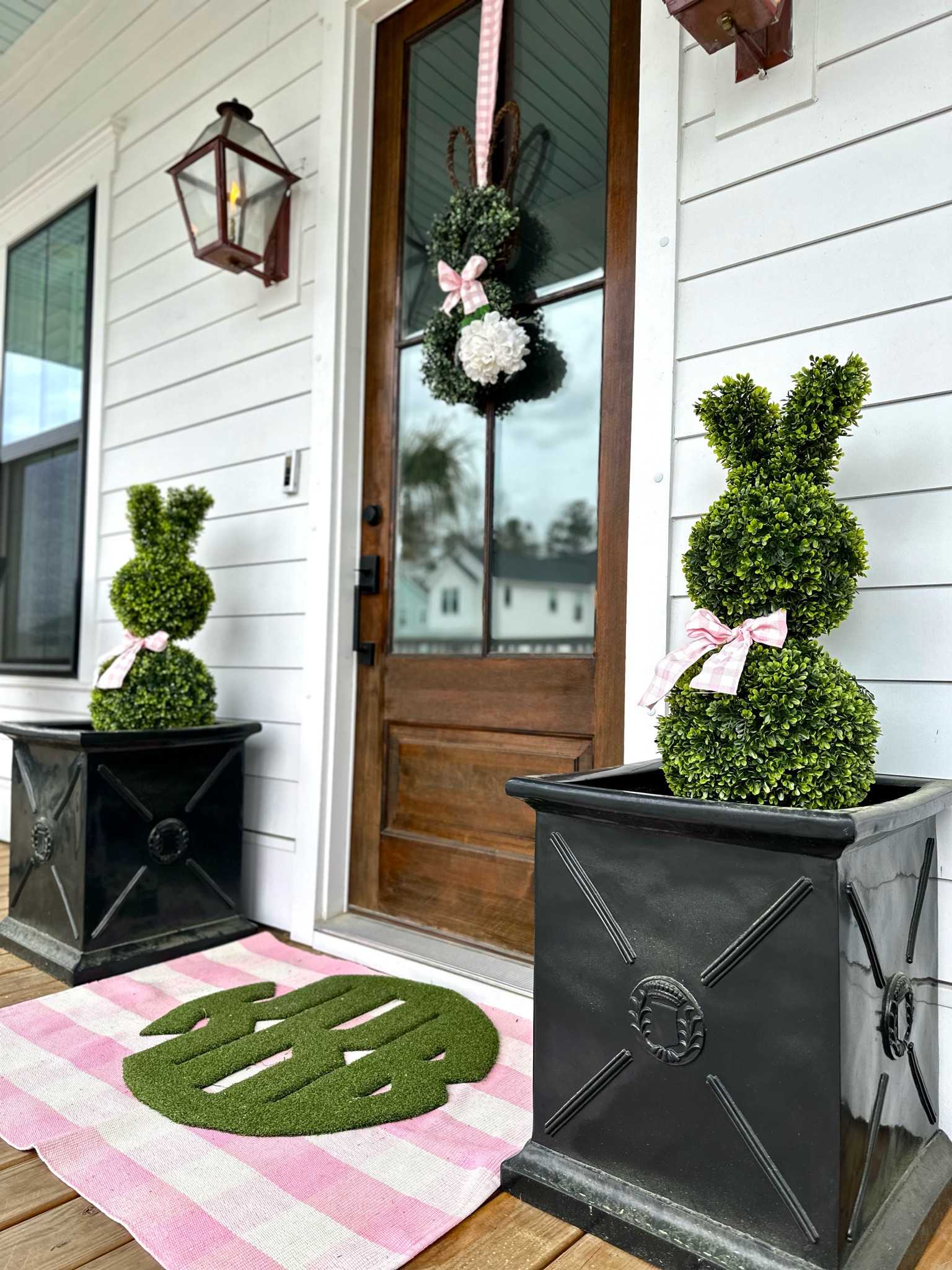 Easter Bunny boxwood topiaries, Pink Gingham wire ribbon, Boxwood bunny door hanger, Monogrammed Doormat, Spring Decor, Easter decor, Front Porch decor, Ballard Design Planters

#LTKstyletip #LTKhome #LTKSeasonal