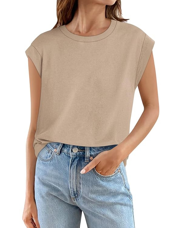 Yousify Womens Tops Cap Sleeve Casual Loose Fit Shirts Summer Crew Neck Solid Short Basic Tees | Amazon (US)
