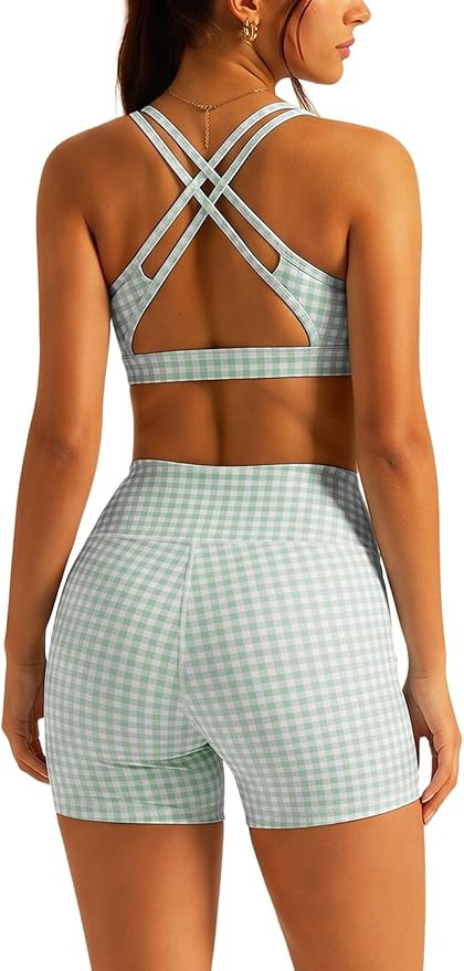 ABOCIW Gingham Workout Sets for Women Two Pilates Yoga Outfits | Amazon (US)