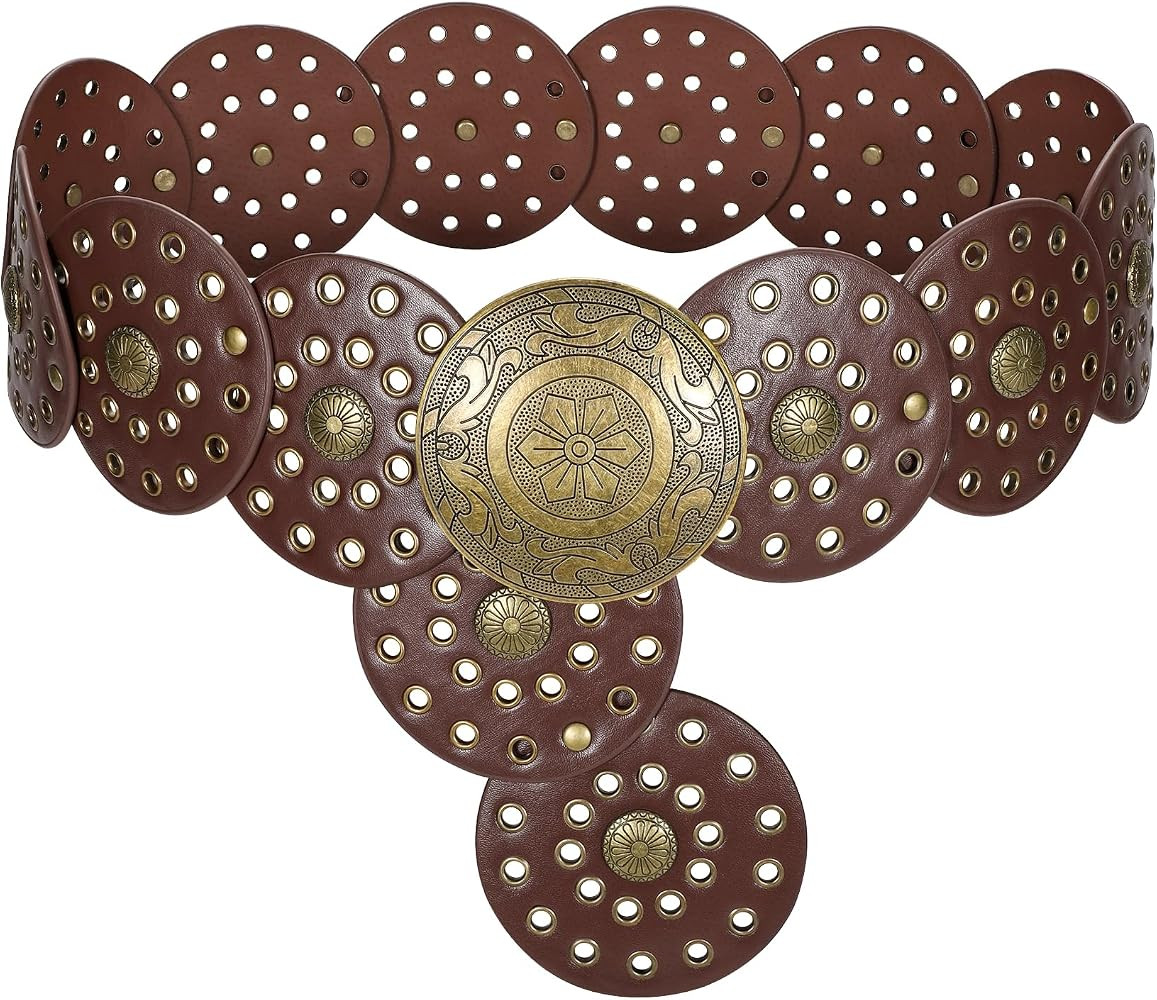 LEACOOLKEY Women's Boho Disc Belt Wide Western Leather Belt Vintage Concho Waist Belts for Dress ... | Amazon (US)