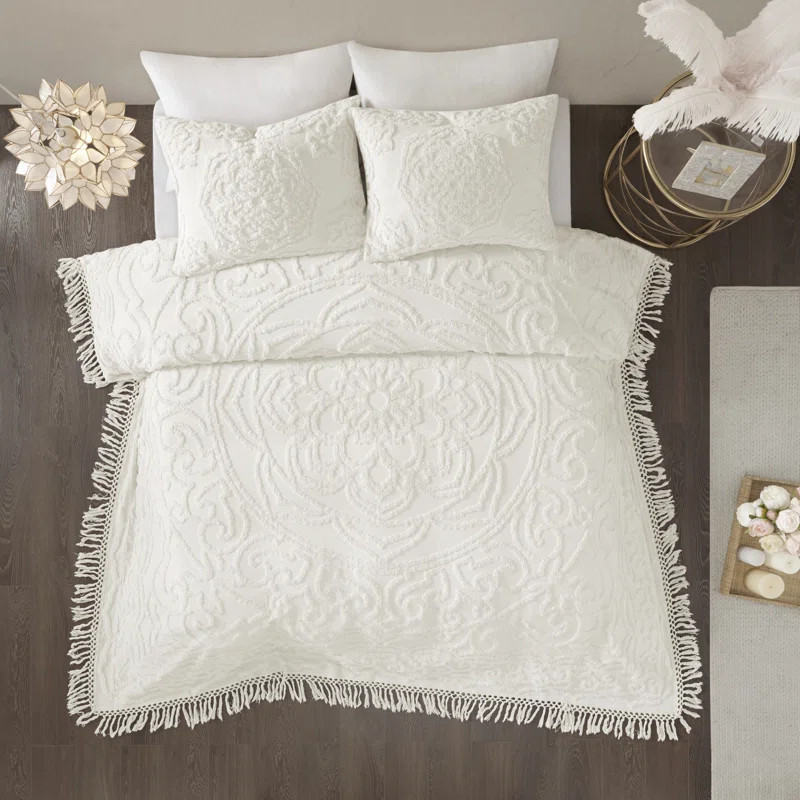 Montclare Tufted Chenille Cotton Medallion Fringe Coverlet Set | Wayfair North America