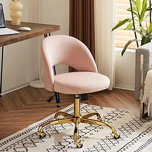 VINGLI Modern Velvet Small Office Chair,Cute Desk Chair with Wheels,Gold Base/Studs, Comfy Armles... | Amazon (US)