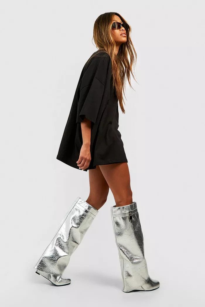 Metallic Padlock Detail Wedge Fold Over Knee Boots | boohoo (US & Canada)