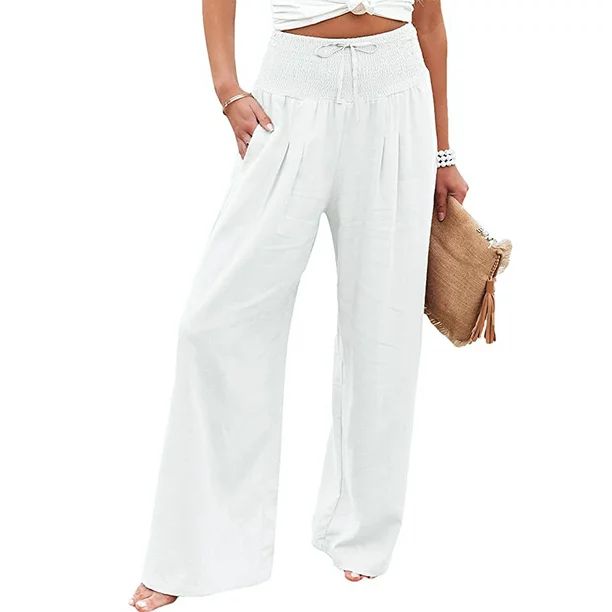 Mumubreal Women's Wide Leg Linen Pants Drawstring High Waist Palazzo Pants Flowy Beach Lounge Tro... | Walmart (US)