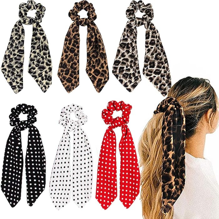 leopard print Scarves Scrunchies Elastic Hair Bands,3 Wave point scrunchies & 3 Leopard scarf scr... | Amazon (US)