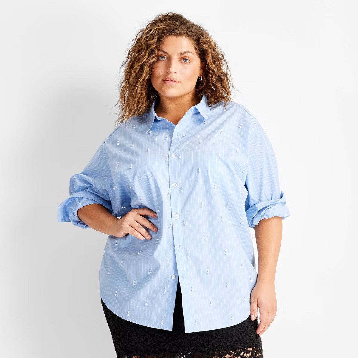 Women's Long Sleeve Collared Embellished Asymmetrical Button-Down Shirt - Future Collective | Target