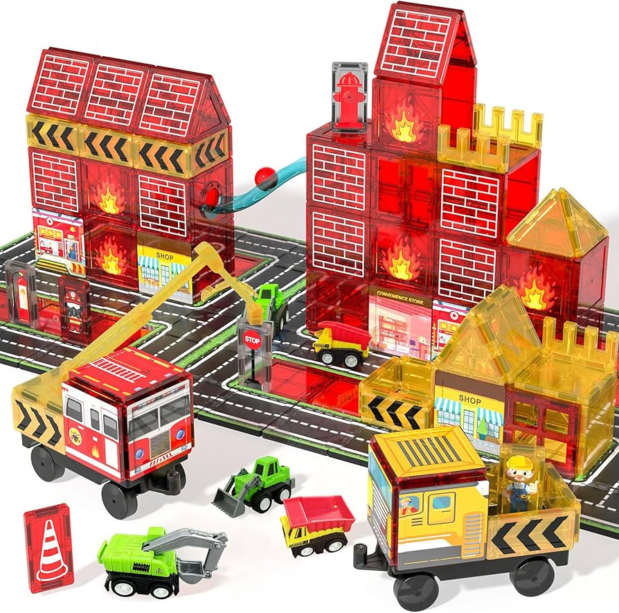 Magnetic Tiles for Kid, 56PCS Construction Magnet Tiles with Fire Truck & Station, Building, Road... | Amazon (US)