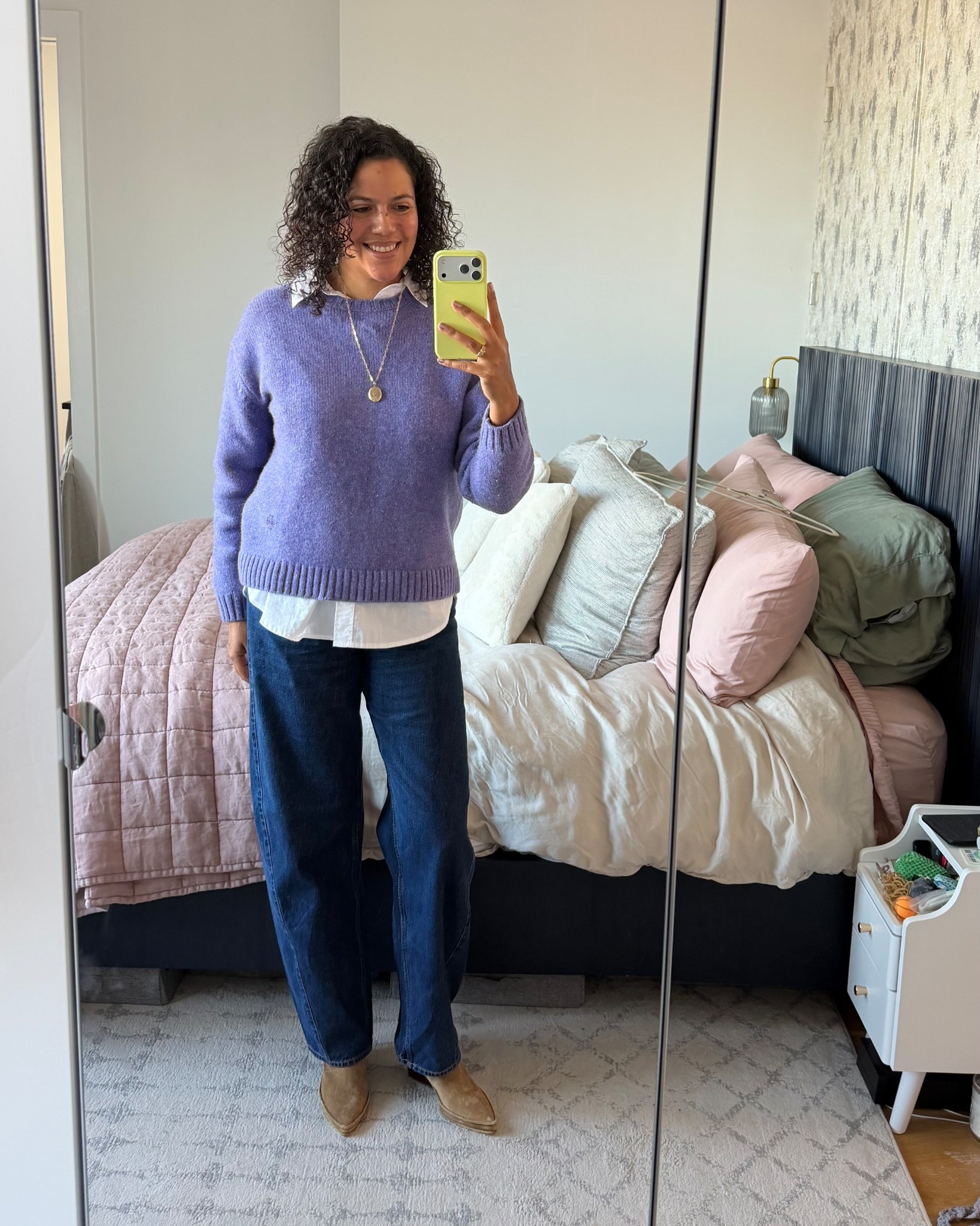 Loved this office look for a Spring day with no jacket needed, finally! I’ve been wanting a new way to wear my oversized button downs besides a French tuck. This oversized sweater worked perfectly paired with dark barrel jeans and a low-heeled bootie. 
Purple oversized sweater, Tory Burch (old, but linked similar)
White oversized button down shirt, Abercrombie (size medium, TTS and meant to be oversized)
Dark denim barrel jeans, Gap (size 30 Tall, TTS)
Light brown suede booties, Tory Burch (also old but linked similar)
Locket is vintage and gifted by my bestie :)

#LTKWorkwear #LTKTall #LTKMidsize