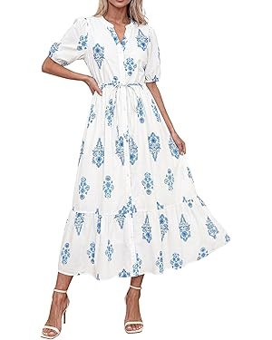 Okiwam Summer Dresses for Women 2026 Casual V Neck Short Sleeve Boho Floral Midi Dress Button Dow... | Amazon (US)