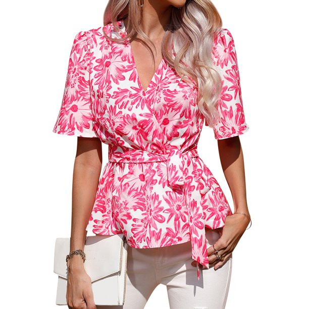 HUBERY Women Floral Printed Cross Over V Neck Short Sleeve Tie Waist Top | Walmart (US)