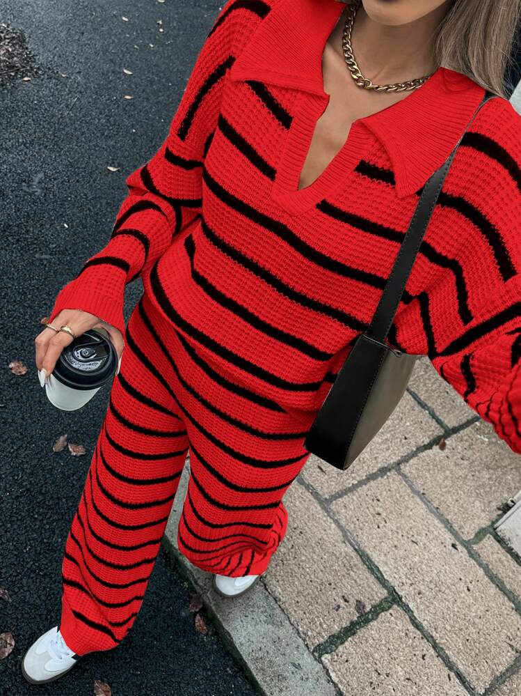 SHEIN Relaxiva Women Loose Stripe V-Neck Drop Shoulder Long Sleeve Sweater & Elastic Waist Stripe... | SHEIN