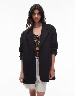 Topshop high break oversized linen blazer in black | ASOS | ASOS (Global)