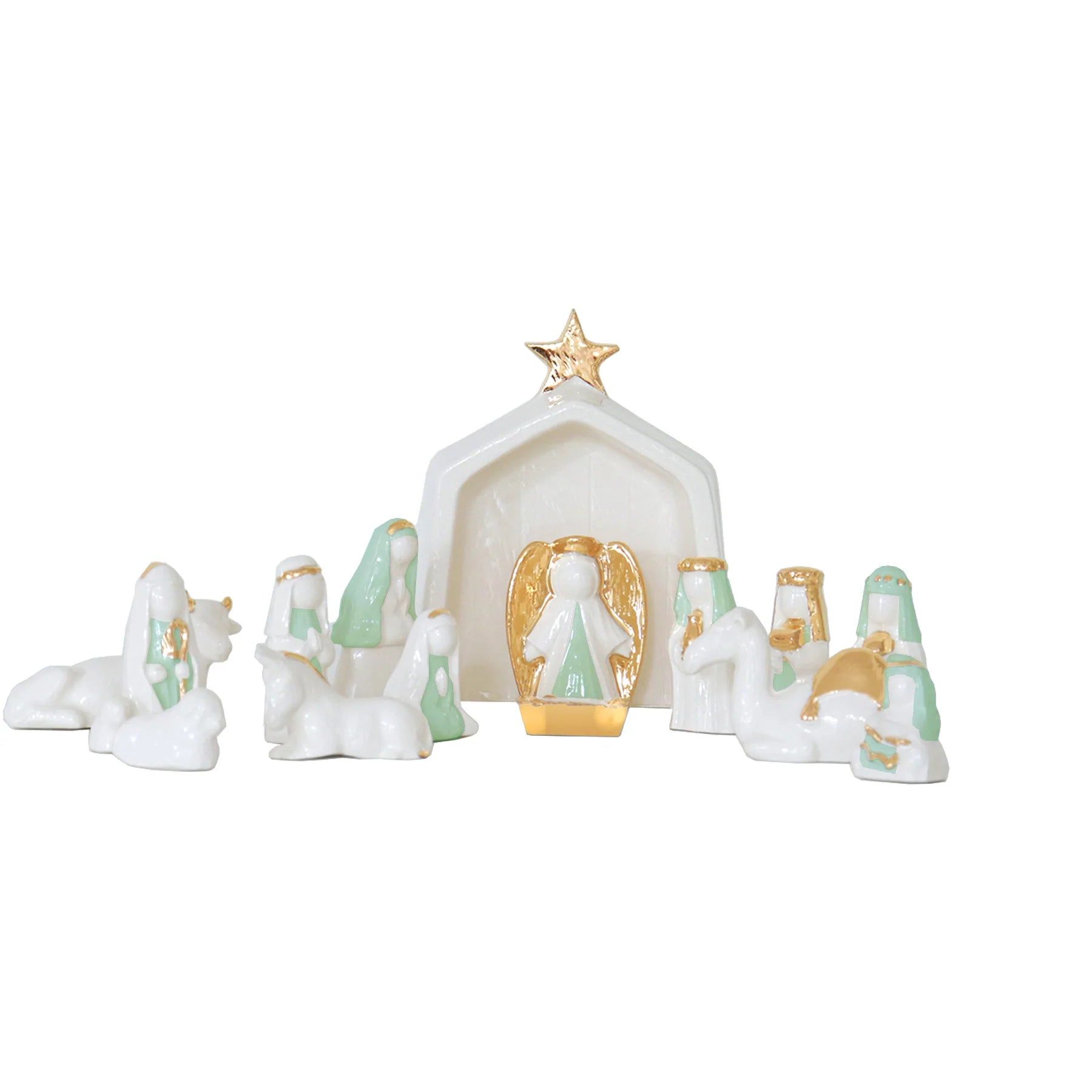 Sea Glass Green Hand-Crafted 14 Piece Nativity Set with 22K Gold Accen | Ruby Clay Company