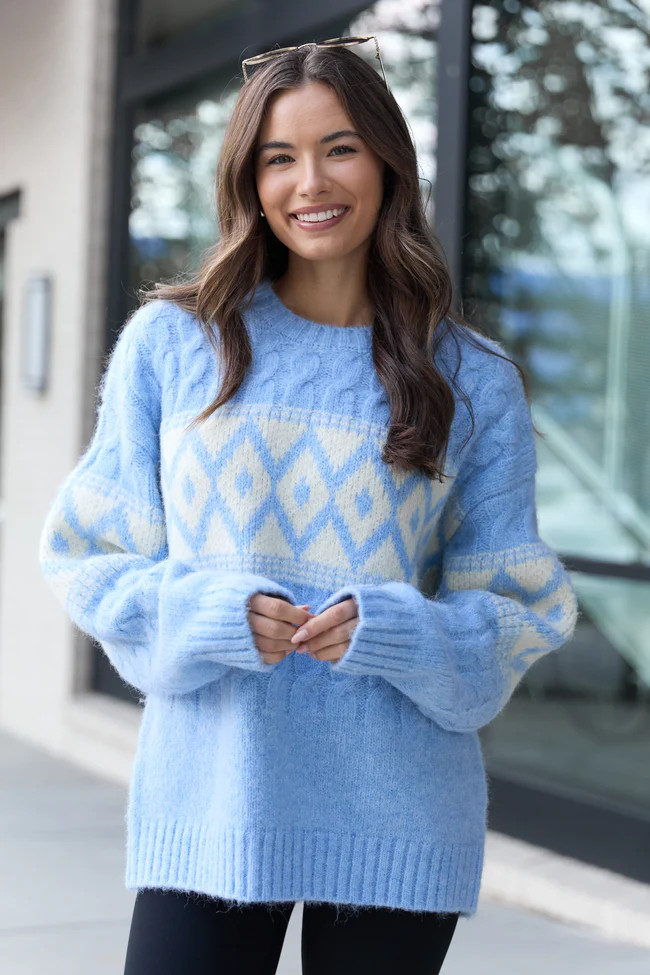 Alanis Blue Crewneck Blush Diamond Print Sweater | Pink Lily