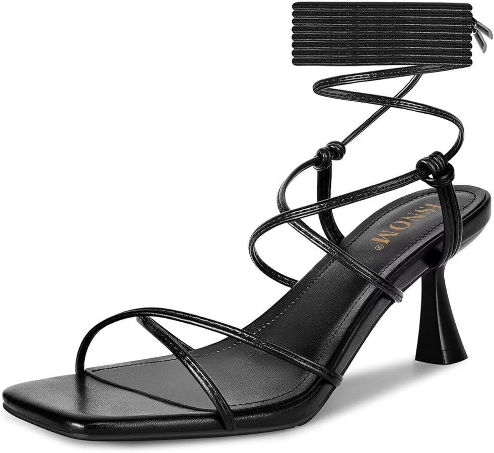 ISNOM Strappy Sandals for Women Kitten Heels Lace Up Heels Stiletto Heels Wrap Around Heels with ... | Amazon (US)