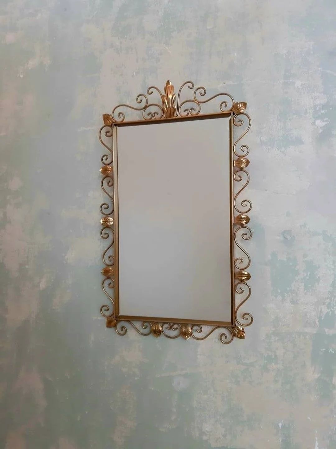 Vintage 70s Brass Rectangle Mirror With Leaf Design by Deknudt - Etsy | Etsy (US)