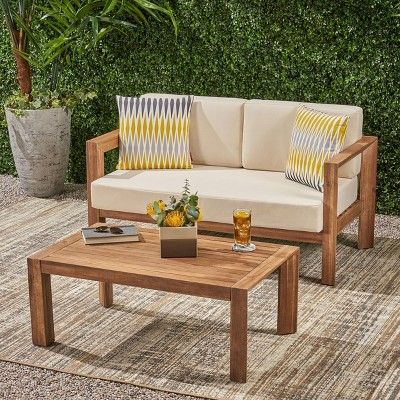 2pc Genser Wooden Patio Loveseat and Coffee Table Set Brown - Christopher Knight Home | Target