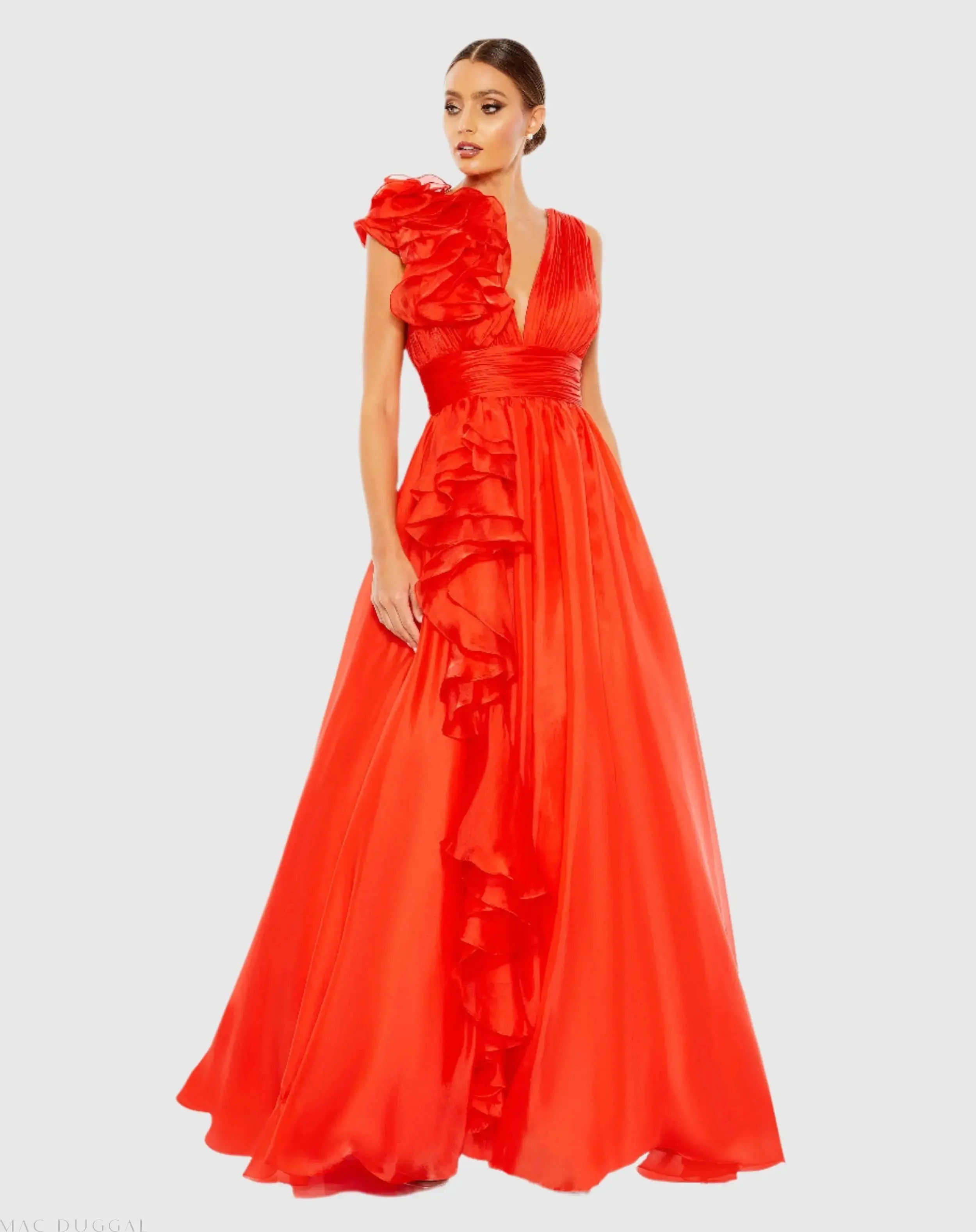 Red Ruffle Shoulder V-Neck Chiffon Gown | Mac Duggal | Mac Duggal