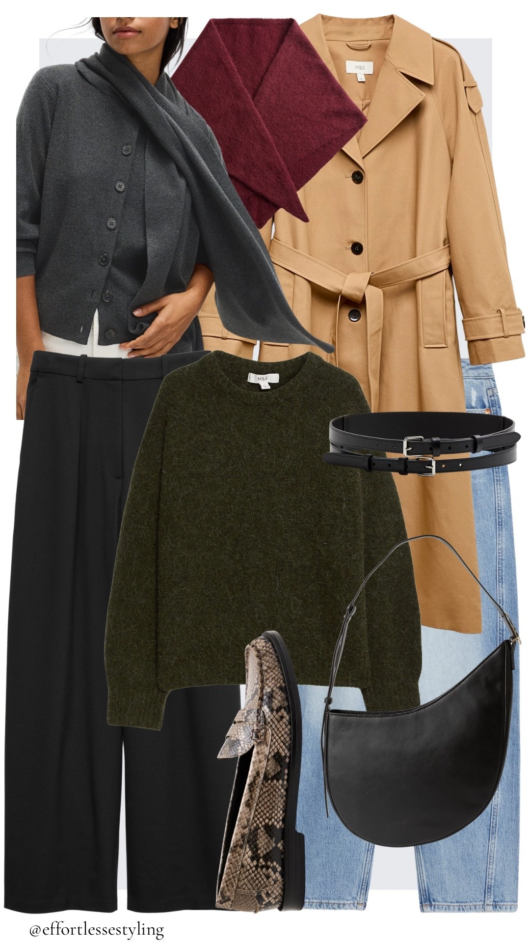 M&S New In Favourites 

Beige trench coat, burgundy triangle scarf, olive green alpaca blend jumper, blue barrel jeans, black barrel trousers with stretch, snake print penny loafers, black leather double belt, black leather shoulder bag, dark grey scarf cardigan. 

#LTKuk #LTKstyletip #LTKautumn