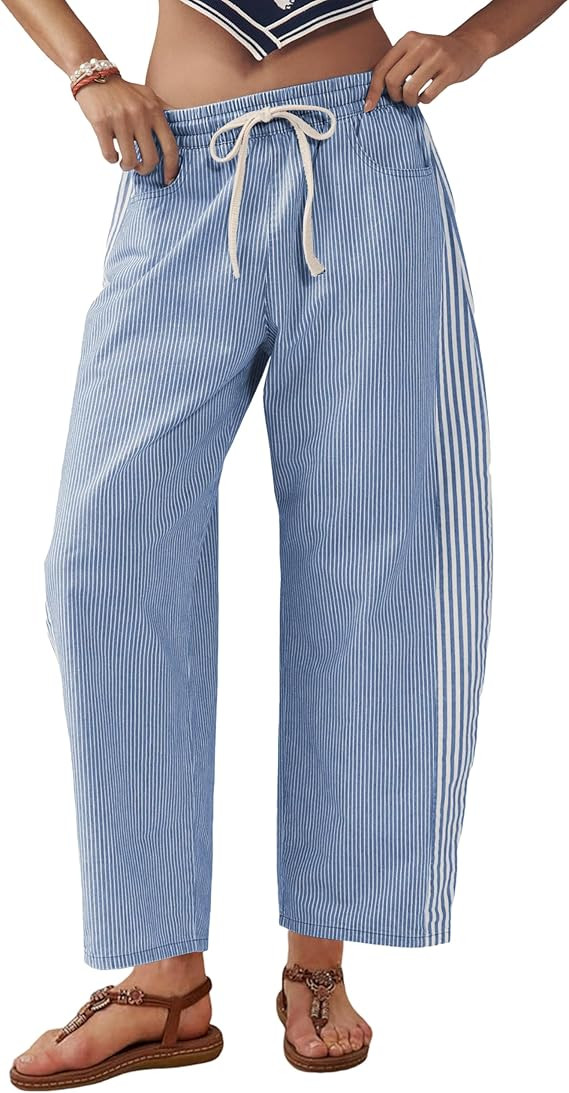 SCUSTY Women's Baggy Wide Leg Jeans Mid Rise Barrel Denim Ankle Pants Casual Striped Pull On Draw... | Amazon (US)