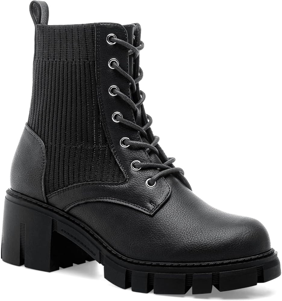 YETIER Lug Sole Ankle Bootie for Women Lace up Platform Combat Boots Fashion Hiking Chelsea Chunky B | Amazon (US)