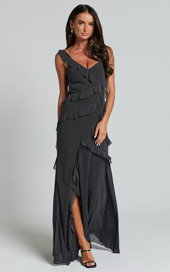 Nitha Maxi Dress - Asymmetrical Frill Thigh Split Dress in Black Polka | Showpo (US, UK & Europe)