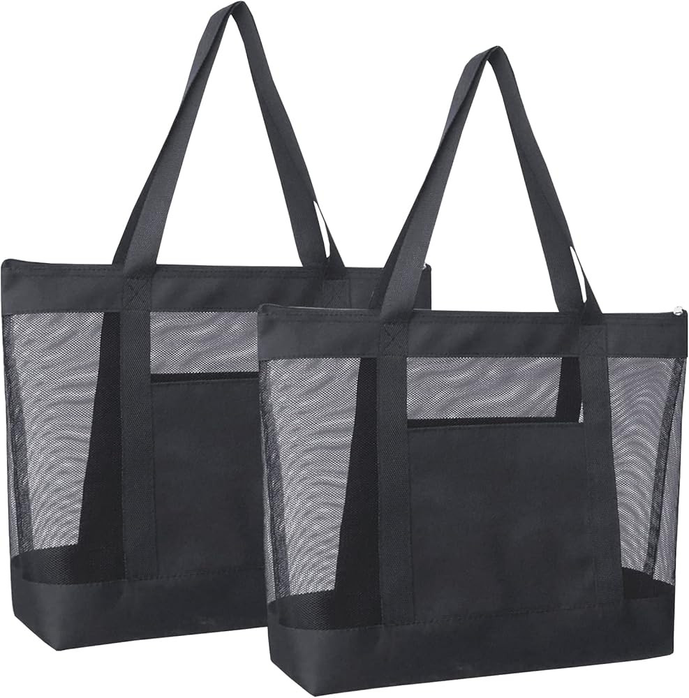 2Pack Lightweight Mesh Tote Bag,Sandproof Beach Bags with Zipper &Double Pocket For Groceries,Poo... | Amazon (US)
