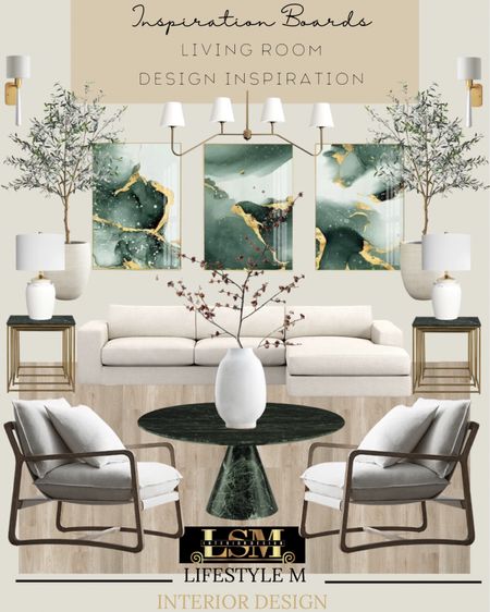 Living room design inspiration. Recreate it at home by shopping the pieces below. White sofa, accent chairs, green marble coffee table, white vase, faux stem plant, green marble end tables, wall art, white planter, faux olive tree, sconce light, living room chandelier, wood floor tile. 

#LTKstyletip #LTKSeasonal #LTKhome