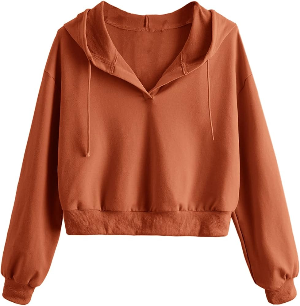 Verdusa Women's Long Sleeve Drop Shoulder Drawstring Crop Hoodie Sweatshirt | Amazon (US)