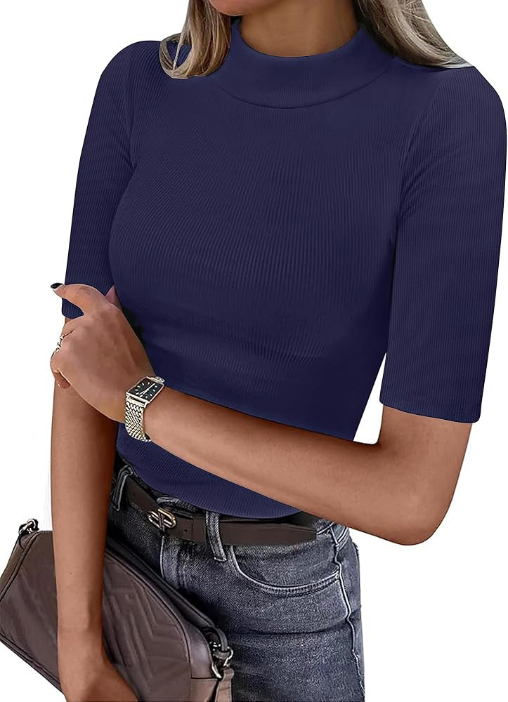 ANRABESS Womens Tops Mock Neck Half Sleeve Shirts Ribbed Knit Slim Fit Basic Tee 2026 Summer Fall... | Amazon (US)