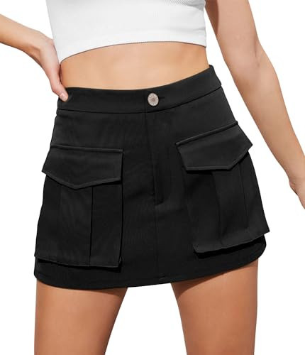 Angerella Cargo Mini Denim Skorts Skirt for Women with Pockets Button Up Low Rise Bodycon Y2k Trendy Casual Skirts Black S | Amazon (US)